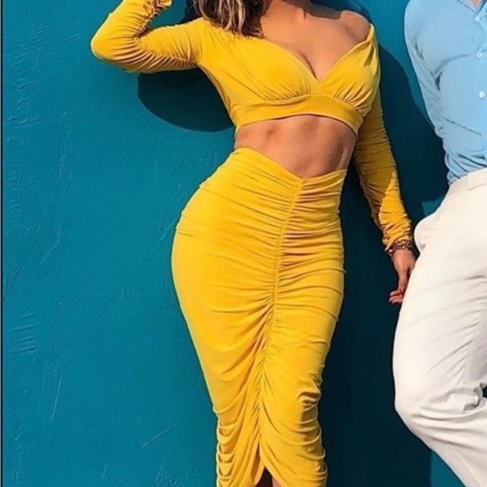 Yellow Ruched Midi Skirt